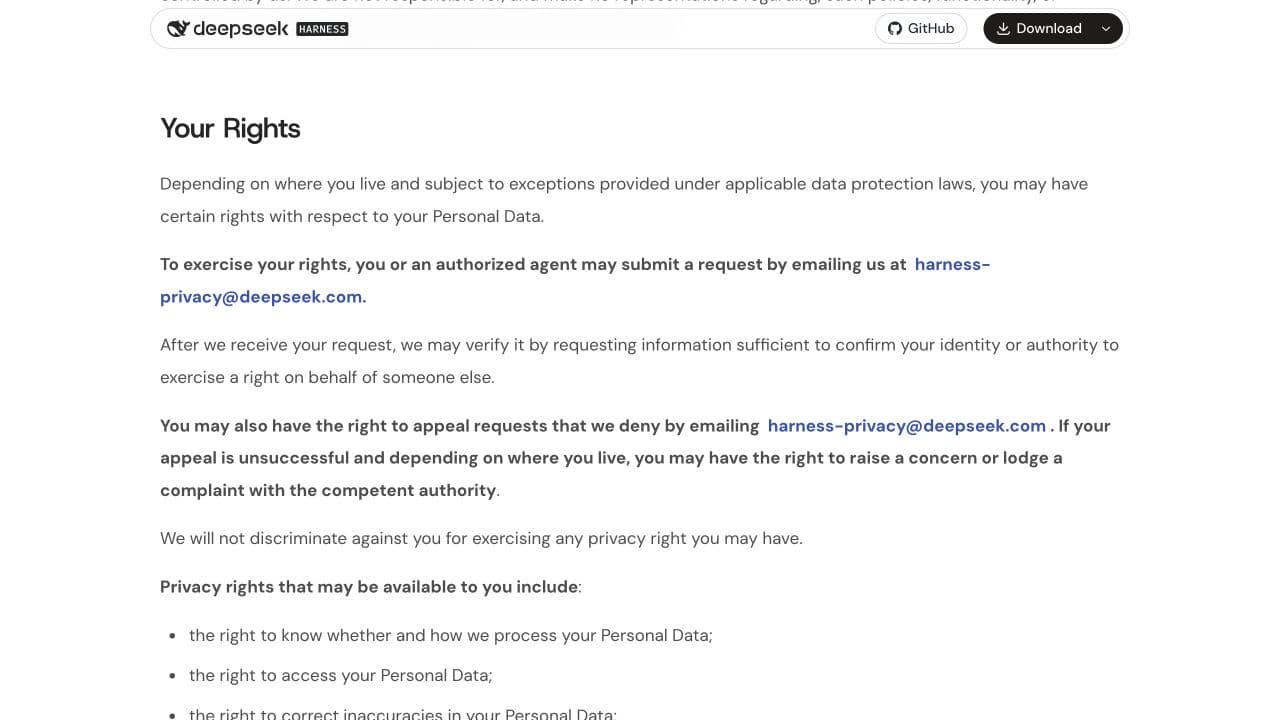 DeepSeek privacy policy: depending on where you live, you may have certain rights over your personal data.