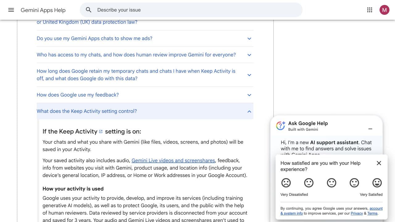 Google Gemini privacy page: with Keep Activity on, your chats and what you share are saved, and Google uses that activity to develop its services, including training generative AI models, with human reviewers.