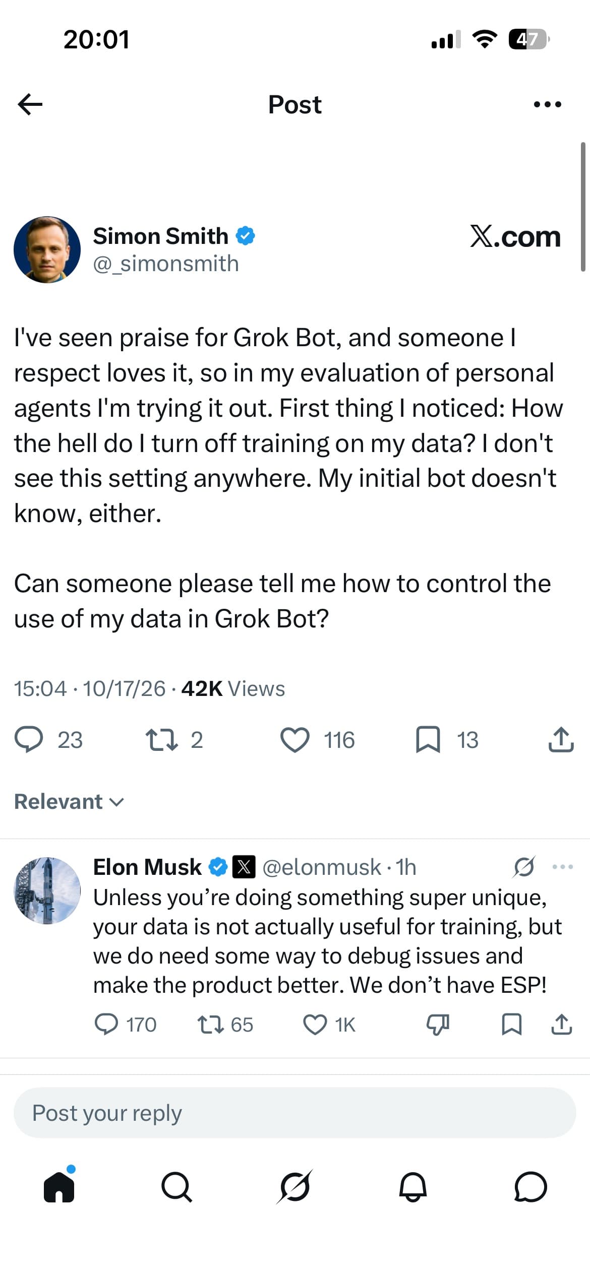 Post on X asking how to control the use of your data in Grok, with Elon Musk replying that xAI needs some way to debug issues and make the product better.